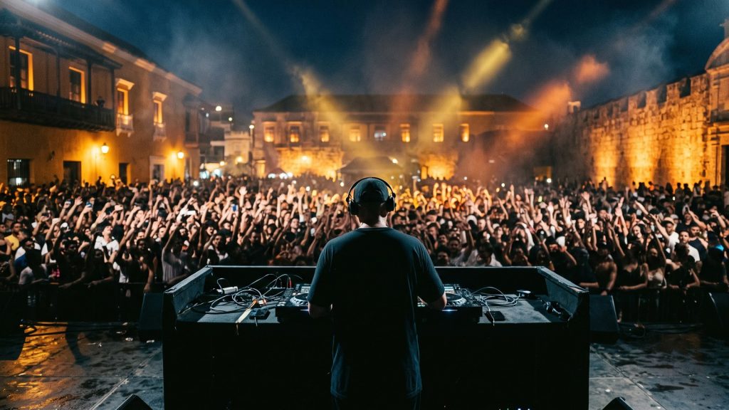 DJ frente a una multitud en una plaza de Cartagena de noche