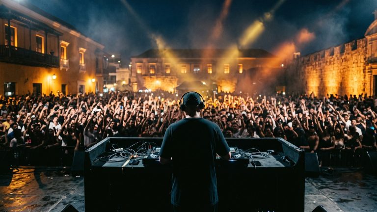 DJ frente a una multitud en una plaza de Cartagena de noche