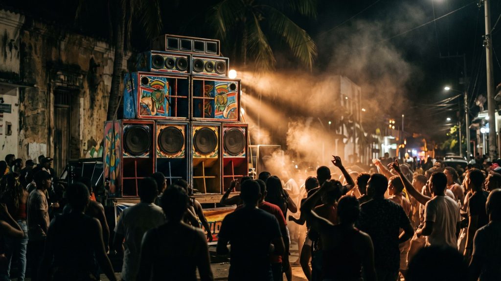 Picó gigante en una fiesta de calle del Caribe colombiano de noche