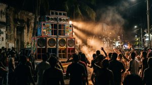 Picó gigante en una fiesta de calle del Caribe colombiano de noche